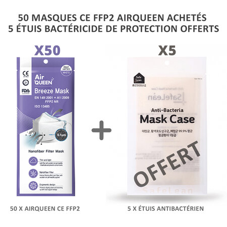 50 MASQUES CE FFP2 AIRQUEEN + 5 ÉTUIS BACTÉRICIDE ANTIBACTÉRIEN