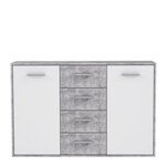 Buffet bas 2 portes 4 tiroirs - Blanc et béton gris clair - PILVI - L 122,6 x P 34,2 H 88,1 cm