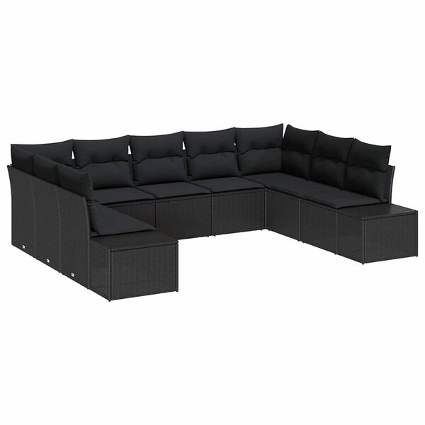 vidaXL Ensemble de canapé de jardin avec coussin 9 Pièces Noir Poly rotin