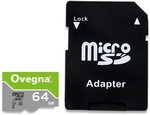 Carte mémoire Ovegna MicroSDXC UHS-I Ultra, Vitesse de Lecture Allant Jusqu'à 100MB/S, Classe 10, U1, avec Adaptateur et boitier (64 Go)