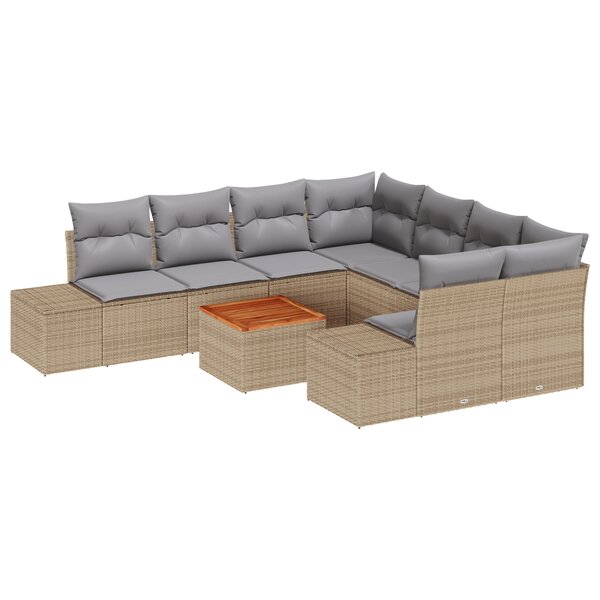 vidaXL Set de canapé de jardin 9 pièces avec des coussins en rotin poly beige et en acacia.