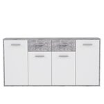 Buffet bas - Blanc et béton gris clair - 4 portes + 4 tiroirs - PILVI - L 162,3 x P 34,2 x H 88,1 cm