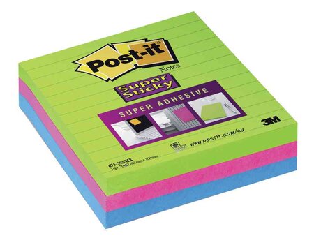 Lot de 3 blocs Super Sticky Notes adhésives néon 100 x 100 Ligné POST-IT