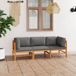 Vidaxl canapé de jardin 3 places et coussins gris bois de teck massif