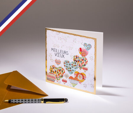 Carte double fin d'année - créée et imprimée en France- Meilleurs vœux- Des cœurs pour souhaiter les vœux de bonne année