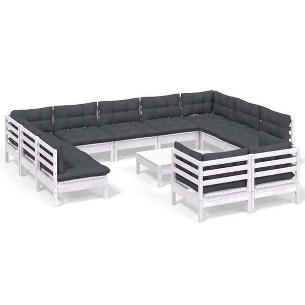 vidaXL Salon de jardin 12 Pièces avec coussins blanc bois de pin solide