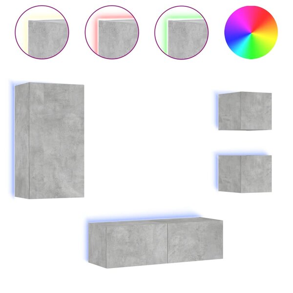 vidaXL Meuble TV muraux 4 Pièces avec lumières LED gris béton
