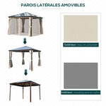 Tonnelle pavillon de jardin imperméable 4 parois latérales anti-UV 4 moustiquaires panneaux polycarbonate alu 3L x 3l x 2 6H m chocolat beige