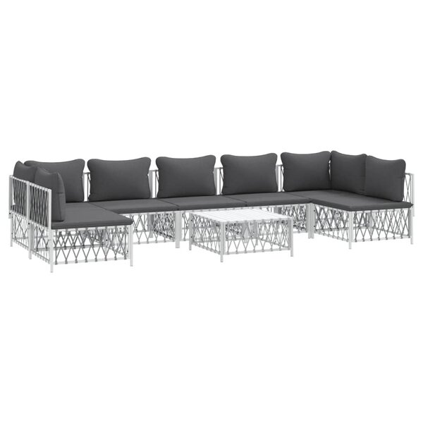 Salon de jardin meuble d'extérieur ensemble de mobilier 8 pièces avec coussins blanc acier 02_0017479