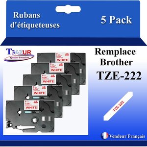 5x Rubans d'étiqueteuses compatibles avec Brother Tze222  Tze-222 pour étiqueteuses P-touch - Texte rouge sur fond blanc - Largeur 9 mm x 8 mètres - T3AZUR