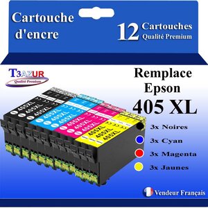 T3AZUR - 12 Cartouches compatibles avec  Epson 405  405 XL pour Epson Workforce Pro WF-3800  WF-3820 DWF  WF-3825  WF-3830DWTF