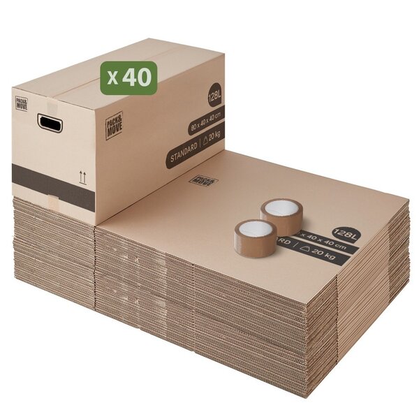 Pack and Move - Lot 40 cartons déménagement XL -80 x 40 x 40 cm - Poignées renforcées - 2 adhésifs offerts