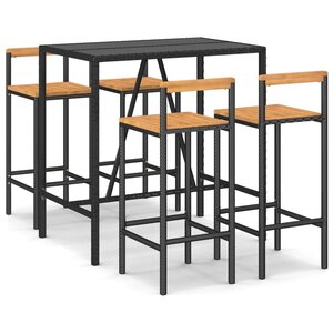 vidaXL Ensemble de bar jardin 5 Pièces noir poly rotin/bois massif acacia