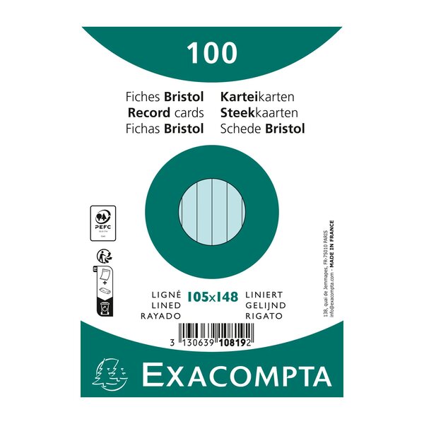 Paquet 100 Fiches Sous Film - Bristol Ligné Non Perforé 105x148mm - Bleu Ciel - X 20 - Exacompta