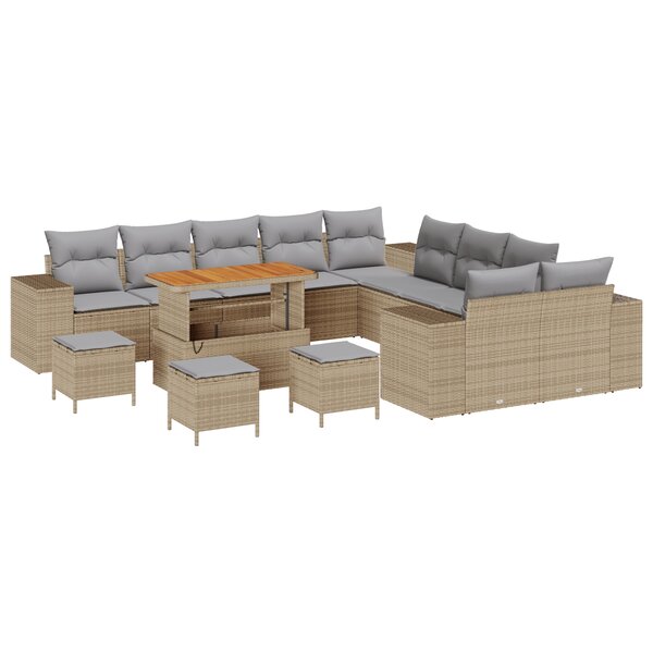 vidaXL Ensemble de jardin de 14 pièces en rotin beige avec des coussins et en acacia.