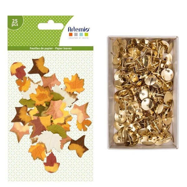 25 feuilles d'arbre papier Automne + 150 punaises dorées