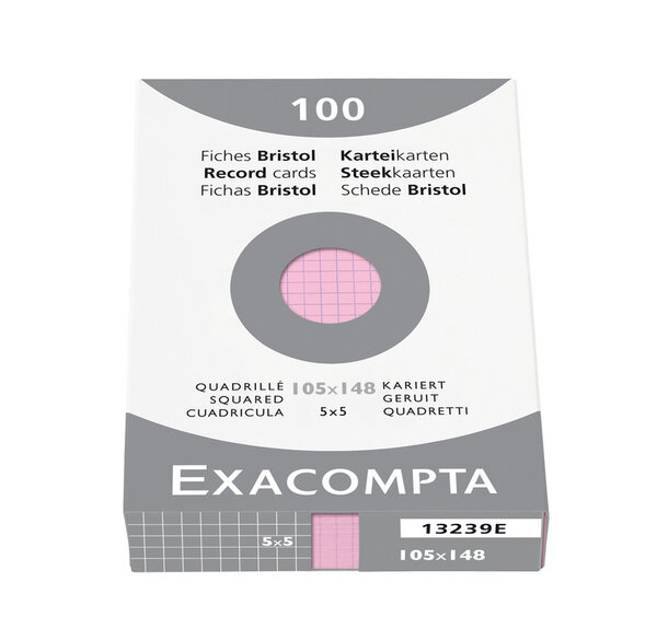 Etui de 100 Fiches Bristol 105x148 mm 5X5 non perforées Rose EXACOMPTA