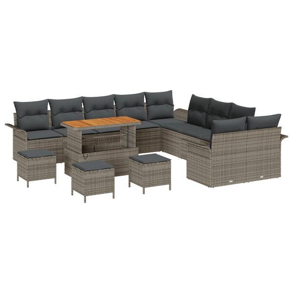 vidaXL Ensemble de canapé de jardin de 14 pièces avec coussins gris en poly rotin et en acacia.