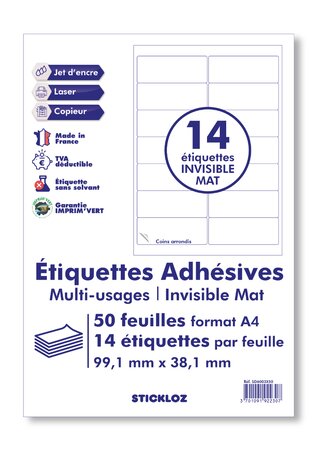 50 planches a4 - 14 étiquettes 99,1 mm x 38,1 mm autocollantes invisibles mat par planche pour tous types imprimantes - jet d'encre/laser/photocopieuse