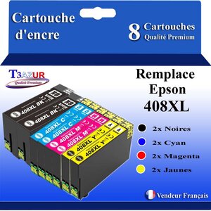 T3AZUR - 8x Cartouches compatibles avec Epson WorkForce Pro WF-C4810DTWF 408 408L 408XL