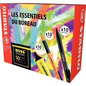 Coffret de 30 marqueurs 10 BOSS ORIGINAL jaunes + 10 pointMax noirs + 10 pointball noirs STABILO