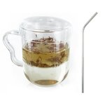 Mug à thé avec poignée  infuseur et couvercle verre + 4 pailles en inox