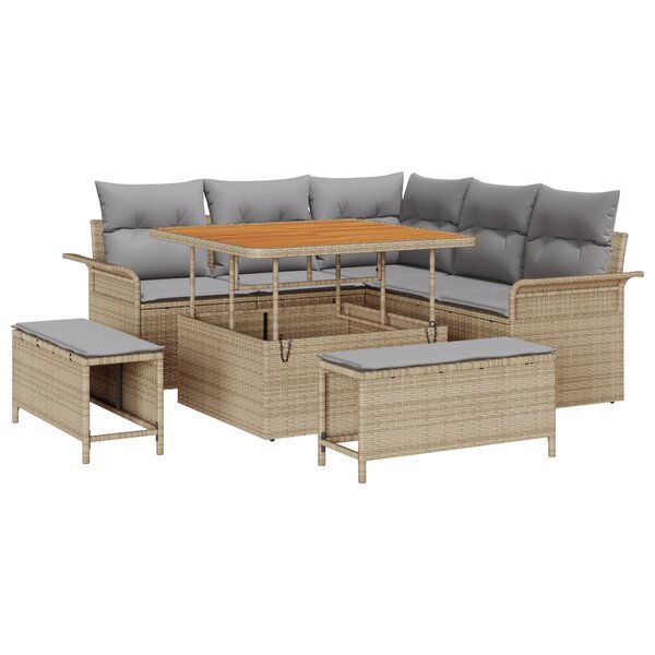 Ensemble de canapé de jardin 8 pièces avec coussins vidaXL beige en poly rotin acacia