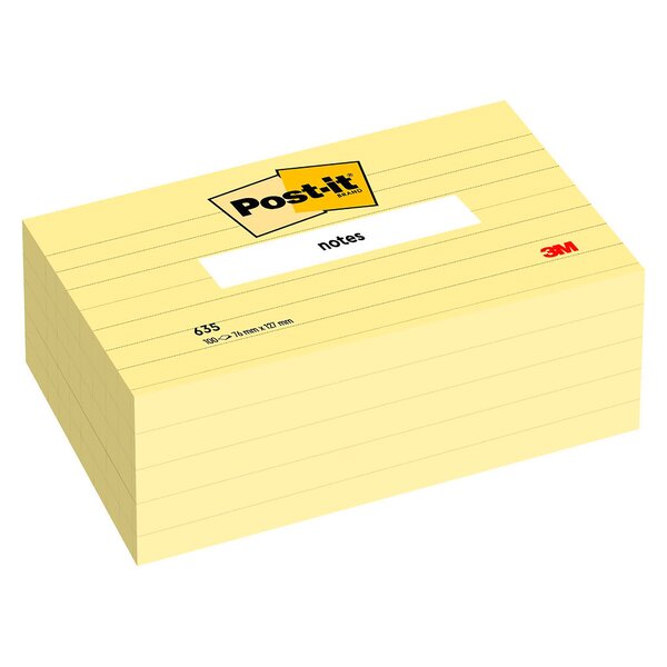 Notes repositionnables jaune ligné post-it 76 x 127 mm - bloc de 100 feuilles - lot de 12