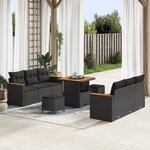 Ensemble de canapés de jardin 9 pièces avec coussins en poly rattan noir et acacia