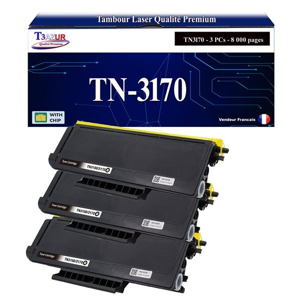 T3AZUR - 3x Toners compatibles avec Brother TN3170 pour Brother HL-5240  HL-5240L  HL-5250DN  HL-5270DN  HL-5280DW Noir - 8 000 pages