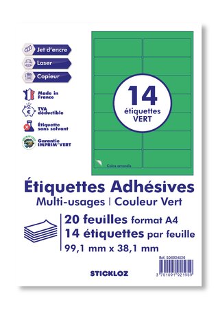 20 planches a4 - 14 étiquettes 99,1 mm x 38,1 mm autocollantes vert par planche pour tous types imprimantes - jet d'encre/laser/photocopieuse