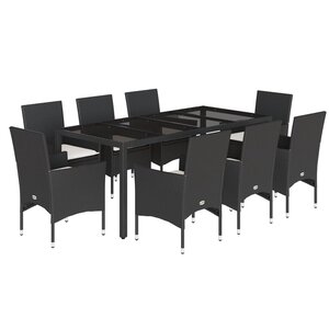 vidaXL Ensemble à manger de jardin et coussins 9 Pièces noir rotin verre