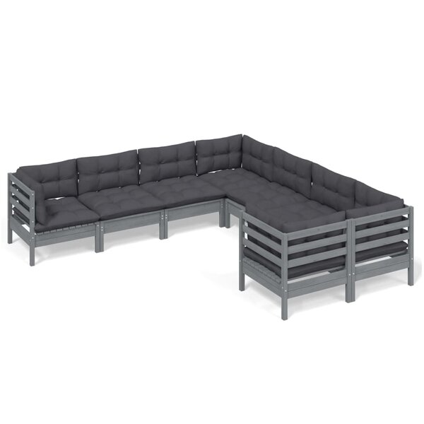 Salon de jardin meuble d'extérieur ensemble de mobilier 8 pièces avec coussins gris bois de pin solide 02_0017584