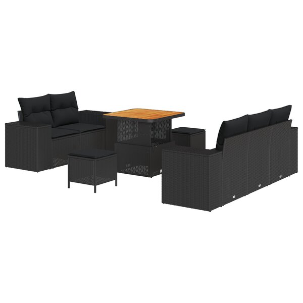 vidaXL Canapé de Jardin 8 Pièces Noir en Polyrotin Acacia avec Coussins