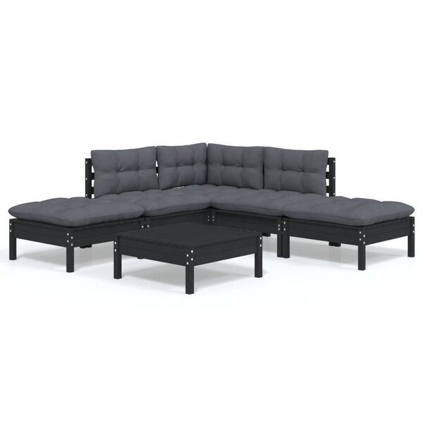 vidaXL Salon de jardin 6 Pièces avec coussins Noir Bois de pin