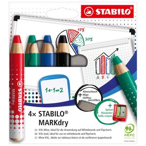 Etui carton de 4 crayons marqueurs MARKdry + 1 taille-crayon + 1 chiffonnette STABILO