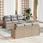 Canapé de Jardin 7 Pièces avec Coussins Beige Poly Rotin Acacia