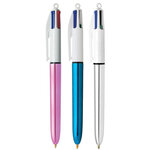 Bic 4 Couleurs Shine Lot de 3 Stylos Bille Rétractables - Pointe 1 mm - Trait 0 4 mm - Encre à l'huile - Corps Or/Blanc - 4 Couleurs