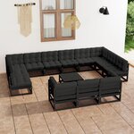 vidaXL Salon de jardin 14 Pièces avec coussins Noir Bois de pin massif