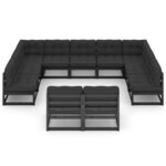 vidaXL Salon de jardin 11 Pièces avec coussins Noir Bois de pin massif