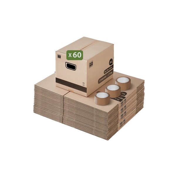 Pack and Move - Lot 60 cartons déménagement stockage livres - 40 x 30 x 30 cm - Poignées renforcées - 3 adhésifs offerts