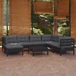 vidaXL Salon de jardin 8 Pièces avec coussins Noir Bois de pin massif