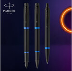 Stylo roller Parker IM Vibrant Rings  Satin noir laqué  attributs bleu océan  recharge noire pointe fine  Coffret cadeau