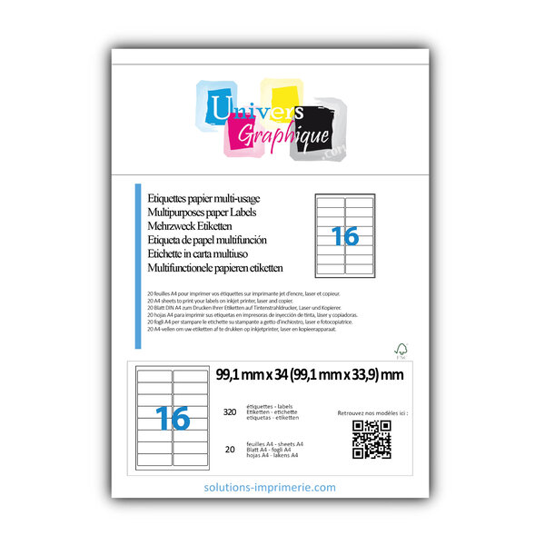 Lot de 20 planches a4 de 16 étiquettes à bords ronds 99 1 x 33 9 mm en papier blanc 70g/m² multifonction
