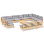 vidaXL Salon de jardin 14 Pièces avec coussins gris Bois de pin solide