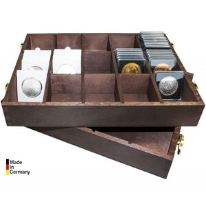Coffret en bois naturel pour ranger 400 étuis numismatiques 50 x 50 mm.