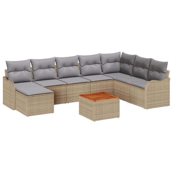 Ensemble de canapé de jardin vidaXL 9 pièces avec coussins Beige Rotin poly Acacia