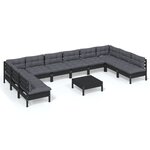 vidaXL Salon de jardin 11 Pièces avec coussins Noir Bois de pin solide