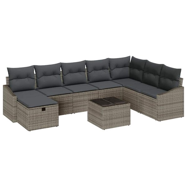 vidaXL Ensemble de canapé de jardin avec coussin 9 Pièces Gris Poly rotin