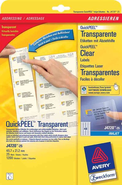 Paquet de 675 étiquettes adresses transparentes, 63,5 x 29,6 mm avery zweckform